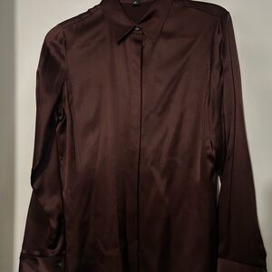 Ann Taylor Satin Button-Up Blouse in Deep Burgundy